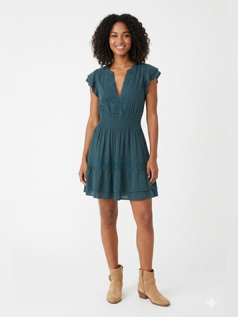 Lovestitch | Teal Blue Lace-Trim Smocked Waist Short Dress Fully Lined